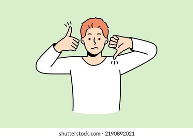 Frustrated man show like and dislike hand gestures demonstrate client feedback for service. Confused male feeling down and uplifted. Approval and disapproval. Vector illustration. 