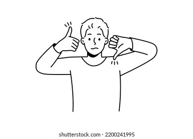 Frustrated man show like and dislike hand gestures demonstrate client feedback for service. Confused male feeling down and uplifted. Approval and disapproval. Vector illustration. 