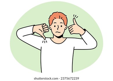 Frustrated man show like and dislike hand gestures demonstrate client feedback for service. Confused male feeling down and uplifted. Approval and disapproval. Vector illustration.