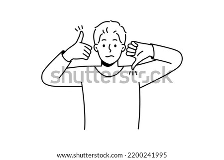 Frustrated man show like and dislike hand gestures demonstrate client feedback for service. Confused male feeling down and uplifted. Approval and disapproval. Vector illustration. 