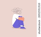 A frustrated man sits and hugs his knees. Nervous problem, anxiety and confusion in thoughts. Mental disorder and chaos in the head. A confusing process, a symbol of the line of chaos. Eps 10.