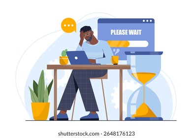 Homem frustrado sentado na mesa com laptop mostrando barra de progresso lento, estilo gráfico plano moderno, fundo branco, conceito de carregamento lento e atraso digital. Ilustração vetorial