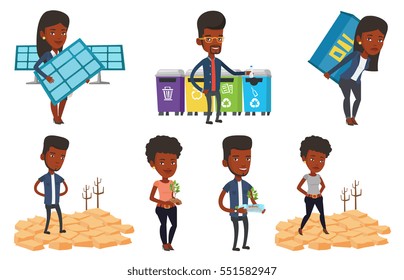 Frustrated man standing in the desert. Man standing on cracked earth in the desert. Concept of climate change and global warming. Set of vector flat design illustrations isolated on white background.