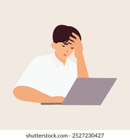 Frustrated Man Staring at Laptop. A man sitting and looking at his laptop, visibly frustrated, representing stress, deadlines, or problem-solving in a work or study environment