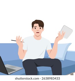 Frustrated Man Struggling with Work at Home. Flat vector illustration isolated on white background