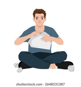 Homem frustrado rasgando uma folha de papel. Ilustração de vetor plano isolada no plano de fundo branco