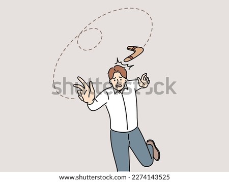 Frustrated man throw boomerang and element come back to him. Confused male employee suffer from effects of risky business. Boomerang effect. Vector illustration. 