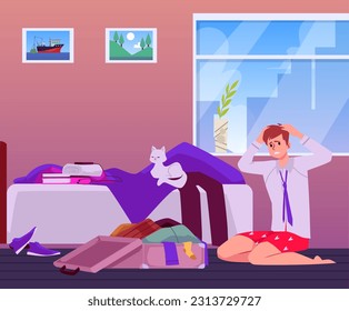 Frustrated man trying to pack his suitcase, flat vector illustration. Person sitting on the floor with scattered clothes around. Character preparing for business trip or vacation.