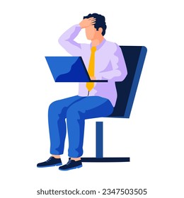 Frustrated man unhappy sit in front of laptop squeezing head with hands. Emotions and body language concept. Stress, tension and migraine. Businessman shocked by bad news using computer at work