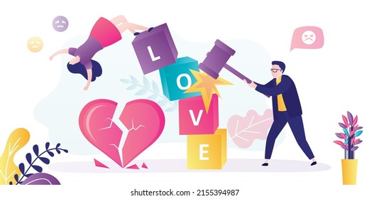 Frustrated man uses hammer and beats cubes with inscription love. Sad woman falls from block tower. Сouple broke up. Lover faced relationship difficulties. Broken heart. Flat Vector illustration