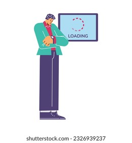 Frustrated man waiting for computer screen loading, flat vector illustration isolated on white background. Impatient character looking at watch. Concepts of appointment time, deadline, internet.