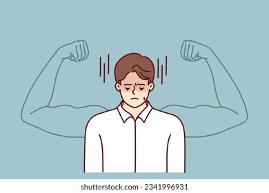 Frustrated man wants to get strong to have muscular arms with big biceps and needs help of fitness trainer. Frustrated businessman cries because of lack of determination and skills for career success