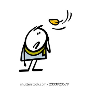 Frustrated man in warm clothes  looks at a yellow leaf falling from a tree. Vector illustration of autumn weather. Cute doodle stickman isolated on white background.