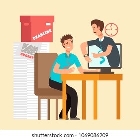 Frustrated man workaholic with laptop and angry boss. Overworked staff and deadline vector concept. Deadline worker, man frustrated and busy overwork illustration