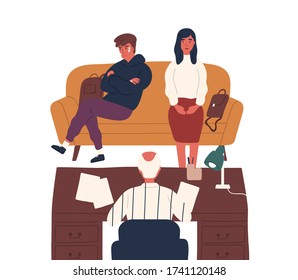 Frustrated mother and disobedience son meeting with director at office vector flat illustration. Mom and teacher discussing bad behavior and fighting of teen guy at school isolated on white