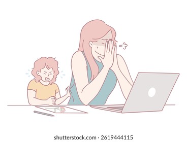 A frustrated mother grapples with trying to concentrate on her work while simultaneously managing a noisy child