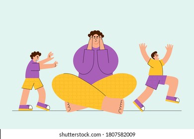 Frustrated mother having migraine because of her noisy active children vector illustration