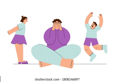 Frustrated mother having migraine because of her noisy active children vector illustration