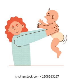 Frustrated mother holding crying baby in dirty diaper. Parenthood difficulties vector illustration