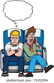 Frustrated muscular passenger with thought balloon sits next to loud man on mobile telephone.