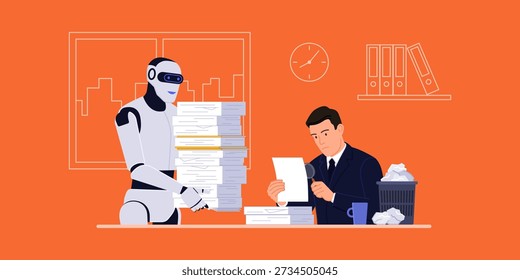Frustrated office worker checking sloppy AI-generated content, a robot is carrying more paperwork, AI workslop concept