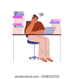 A frustrated office worker sitting at a desk cluttered with stacks of books and files, holding their head in one hand while staring at a laptop. Vector illustration of workplace stress and overload.