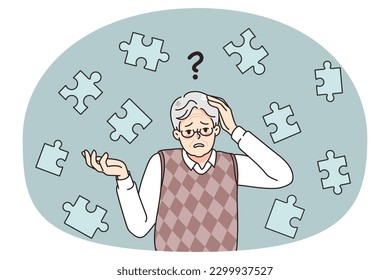 Frustrated old man suffer from dementia loss memory. Confused senior male struggle with Alzheimer disease. Elderly healthcare and medicine concept. Flat vector illustration.