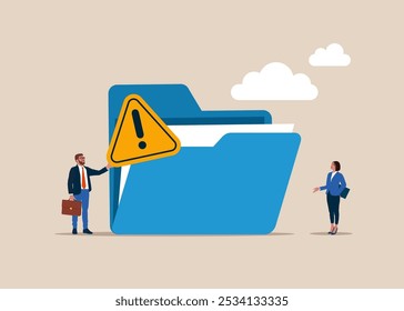 Frustrated online data user. Dealing with error. Unsuitable work files data in folder. Flat vector illustration