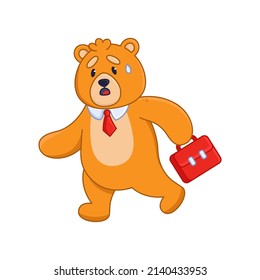 Frustrated orange bear cartoon character running to work sticker. Comic forest animal as office worker late for work flat vector illustration isolated on white background. Wildlife, emotions concept - Shutterstock ID 2140433953