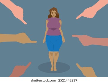 Mujer con sobrepeso frustrada mostrando tristeza. El concepto de discriminación y condena de las mujeres gordas es señalado y rechazado. Ilustración vectorial.