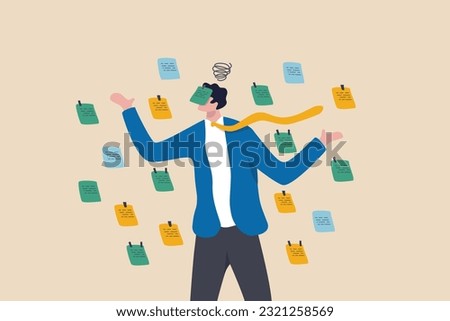 Frustrated or overwhelmed from multitasking, work overload too many tasks, busy overworked, appointment or tired exhausted concept, frustrated businessman working with chaotic sticky notes.