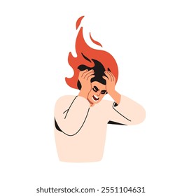 Persona frustrada abrumada con fuego en la cabeza. Frustración, estrés, agonía emocional, concepto de psicología. Personaje enojado y angustiado, histeria. Ilustración vectorial plana aislada sobre fondo blanco