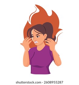 frustrated overworked woman fire in head, vector illustration.