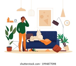 Frustrated owner and his naughty dog lying on sofa in messy living room flat vector illustration