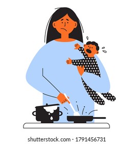 Frustrated parent concept. Exhausted mom holding crying kid and cooking food on stove. Tired mother with little baby on hands. Motherhood problems, postpartum depression. Sad woman vector illustration