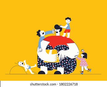 Frustrated parent of many children. Tired father with his four kids. Online working and household at the same time while quarantine. Exhausted parents with children. Flat vetor cartoon illustration