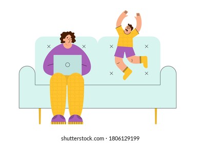 Frustrated parent trying to work with active child. Mother and son flat style vector illustration 