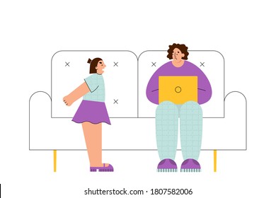  Frustrated parent trying to work with active child. Mother and daughter flat style vector illustration