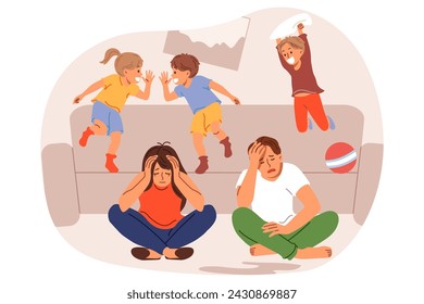 Frustrated parents feel tired and lacking energy due to hyperactive children jumping on sofa and throwing things around. Mischievous children have fun, causing inconvenience to exhausted mom and dad