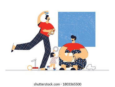 Frustrated parents. Gay male couple with children. Tired young dad working with laptop . Men frustrated and upset from children behaviour. Flat vector cartoon illustration isolated on white background