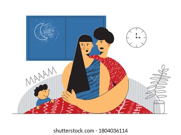 Frustrated parents and their mischievous child. Kid in an adult bedroom at night. Violation of personal space. Parenting problems. Flat vector cartoon illustration isolated on white background