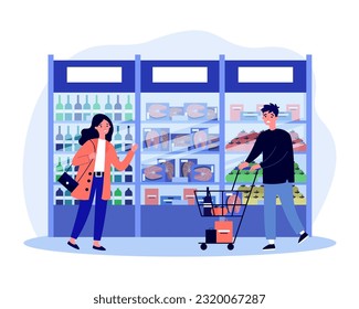 Frustrated people at supermarket vector illustration. Man and woman choosing grocery products, fish, vegetables, drinks, angry at high prices. Rising prices, inflation, economy concept