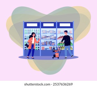 Frustrated people at supermarket vector illustration. Man and woman choosing grocery products, fish, vegetables, drinks, angry at high prices. Rising prices, inflation, economy concept