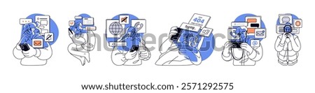 Frustrated people waiting for phone call, message set. Sad lonely characters texting by smartphone, hope for answer, expecting reply. Flat isolated outline vector illustrations on white background