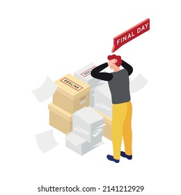 Frustrated person looking at piles of papers before deadline 3d isometric icon vector illustration