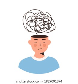 Frustrated person with nervous problem. Distorted thinking, feel anxiety and confusion of thoughts. Mental disorder concept. Chaos in consciousness. Boy with anxiety vector flat style illustration.