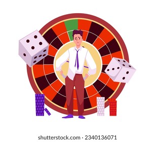 Frustrated player who lost everything stands in front of casino roulette table, dice and chip. Male loser, business risk. Addiction gambling entertainment industry cartoon vector illustration