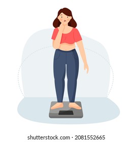 Frustrated plump woman stands on the scales and thinks. Excess weight. Vector flat illustration.