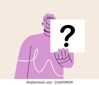 Frustrated positive man standing with question mark on sign feeling doubt having no answer. Question, doubt, asking concept. Colorful vector illustration 
