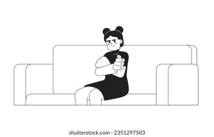 Frustrated preteen girl with crossed arms monochromatic flat vector character. Asian female teenager sitting. Editable thin line person on white. Simple bw cartoon spot image for web graphic design
